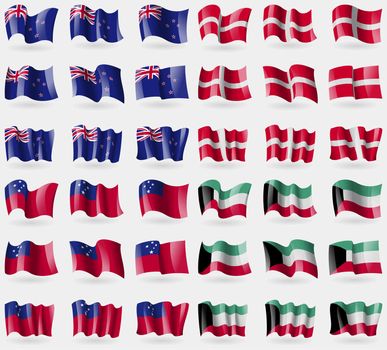 New Zeland, Military Order Malta, Samoa, Kuwait. Set of 36 flags of the countries of the world. illustration