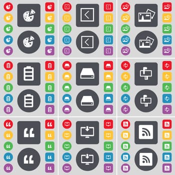 Pizza, Arrow left, Picture, Battery, Hard drive, Mailbox, Quoting mark, Monitor, RSS icon symbol. A large set of flat, colored buttons for your design. illustration