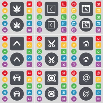 Marijuana, Arrow left, Window, Arrow up, Scissors, House, Car, Speaker, Mail icon symbol. A large set of flat, colored buttons for your design. illustration