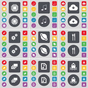 Processor, Note, Cloud, Gears, Planet, Fork and knife, Gallery, Music file, Ship icon symbol. A large set of flat, colored buttons for your design. illustration