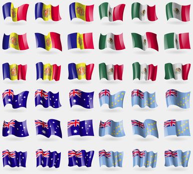 Andorra, Mexico, Australia, Tuvalu. Set of 36 flags of the countries of the world. illustration