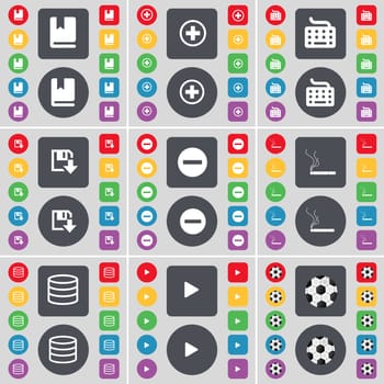 Dictionary, Plus, Keyboard, Floppy, Minus, Cigarette, Database, Play, Ball icon symbol. A large set of flat, colored buttons for your design. illustration