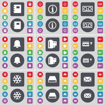 Notebook, Information, Cassette, Notification, Negative films, Cassette, Snowflake, Hard drive, Message icon symbol. A large set of flat, colored buttons for your design. illustration