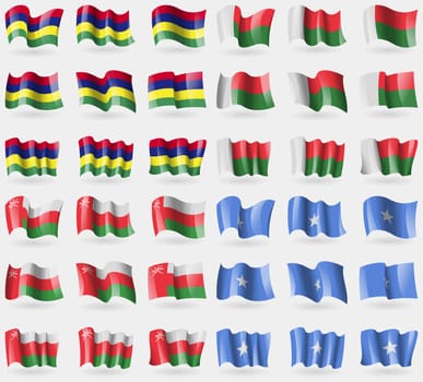 Mauritius, Madagascar, Oman, Somalia. Set of 36 flags of the countries of the world. illustration