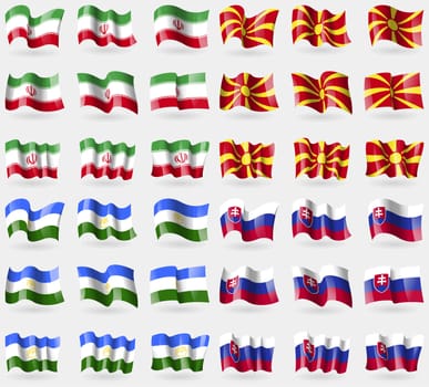 Iran, Macedonia, Bashkortostan, Slovakia. Set of 36 flags of the countries of the world. illustration