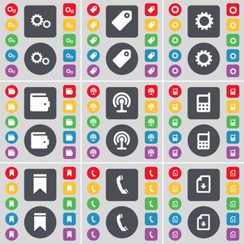 Gears, Tag, Gear, Wallet, Wi-Fi, Mobile phone, Marker, Receiver, Download file icon symbol. A large set of flat, colored buttons for your design. illustration