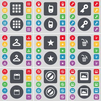 Apps, Mobile phone, Key, Hanger, Star, Trash can, Calendar, Stop, Picture icon symbol. A large set of flat, colored buttons for your design. illustration