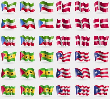 Equatorial Guinea, Denmark, Sao Tome and Principe, Puerto Rico. Set of 36 flags of the countries of the world. illustration