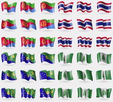 Eritrea, Thailand, Christmas Island, Norfilk Island. Set of 36 flags of the countries of the world. illustration