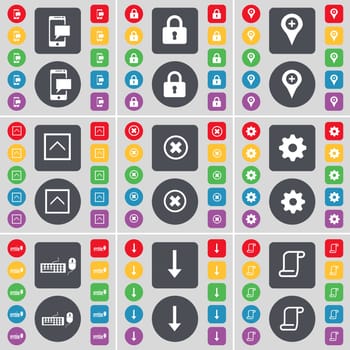 SMS, Lock, Checkpoint, Arrow up, Stop, Gear, Keyboard, Arrow down, Scroll icon symbol. A large set of flat, colored buttons for your design. illustration