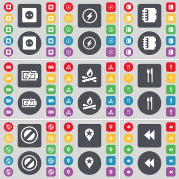 Socket, Flash, Notebook, Charging, Campfire, Fork and knife, Stop, Checkpoint, Rewind icon symbol. A large set of flat, colored buttons for your design. illustration