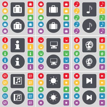 Suitcase, Note, Information, Monitor, Globe, Media window, Light, Media skip icon symbol. A large set of flat, colored buttons for your design. illustration