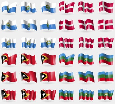 San Marino, Denmark, East Timor, KarachayCherkessia. Set of 36 flags of the countries of the world. illustration