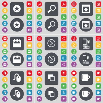 Starr, Magnifying glass, Window, Calendar, Arrow right, Smartphone, Mouse, Copy, Cup icon symbol. A large set of flat, colored buttons for your design. illustration