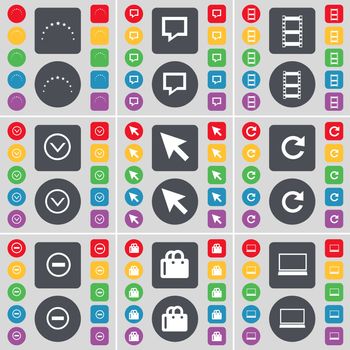 Stars, Chat bubble, Tape, Arrow down, Cursor, Reload, Minus, Shopping bag, Laptop icon symbol. A large set of flat, colored buttons for your design. illustration