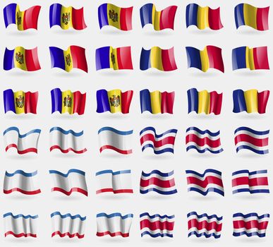 Moldova, Romania, Crimea, Costa Rica. Set of 36 flags of the countries of the world. illustration