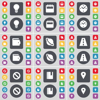 Light bulb, Calendar, Clock, Wallet, Planet, Road, Stop, Dictionary, Checkpoint icon symbol. A large set of flat, colored buttons for your design. illustration