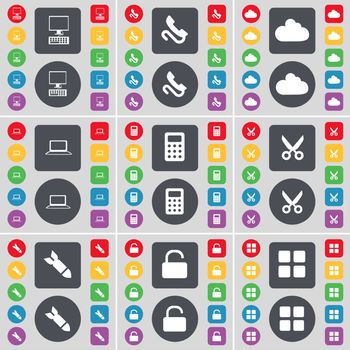 PC, Receiver, Cloud, Laptop, Calculator, Scissors, Rocket, Lock, Apps icon symbol. A large set of flat, colored buttons for your design. illustration