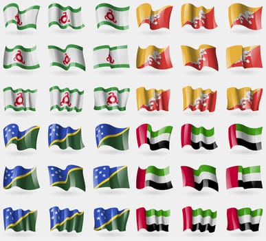 Ingushetia, Bhutan, Solomon Islands, United Arab Emirates. Set of 36 flags of the countries of the world. illustration