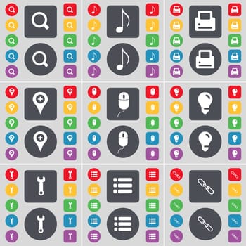 Magnifying glass, Note, Printer, Checkpoint, Mouse, Light bulb, Wrench, List, Link icon symbol. A large set of flat, colored buttons for your design. illustration