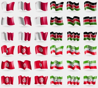 Malta, Kenya, Tunisia, Somaliland. Set of 36 flags of the countries of the world. illustration