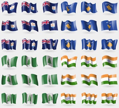 Anguilla, Kosovo, Norfolk Island, India. Set of 36 flags of the countries of the world. illustration