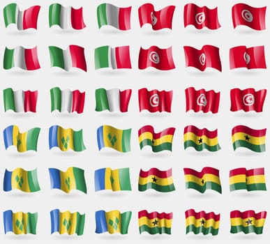 Italy, Tunisia, Saint Vincent and Grenadines, Ghana. Set of 36 flags of the countries of the world. illustration