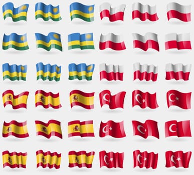 Rwanda, Poland, Spain, Turkey. Set of 36 flags of the countries of the world. illustration