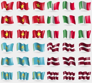 Vietnam, Italy, Kazakhstan, Latvia. Set of 36 flags of the countries of the world. illustration