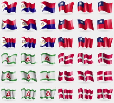 Saint Martin, Taiwan, Ingushetia, Denmark. Set of 36 flags of the countries of the world. illustration