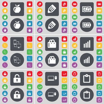 Apple, Pencil, Charging, Connection, Shopping bag, Diagram, Lock, Laptop, Survey icon symbol. A large set of flat, colored buttons for your design. illustration