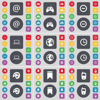 Mail, Gamepad, Minus, Laptop, Earth, Clock, Palette, Marker, Mobile phone icon symbol. A large set of flat, colored buttons for your design. illustration