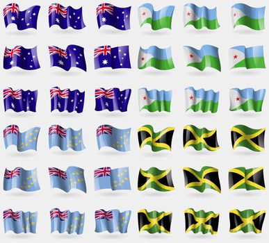 Australia, Djibouti, Tuvalu, Jamaica. Set of 36 flags of the countries of the world. illustration