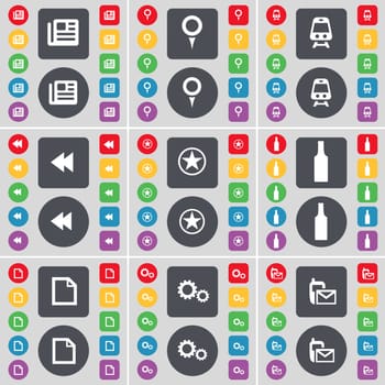 Newspaper, Checkpoint, Train, Rewind, Star, Bottle, File, Gear, SMS icon symbol. A large set of flat, colored buttons for your design. illustration