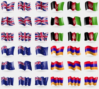 United Kingdom, Afghanistan, New Zeland, Armenia. Set of 36 flags of the countries of the world. illustration