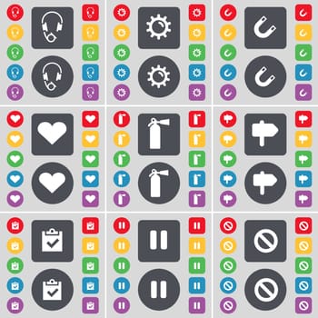 Headphones, Gear, Magnet, Heart, Fire extinguisher, Signpost, Survey, Pause, Stop icon symbol. A large set of flat, colored buttons for your design. illustration