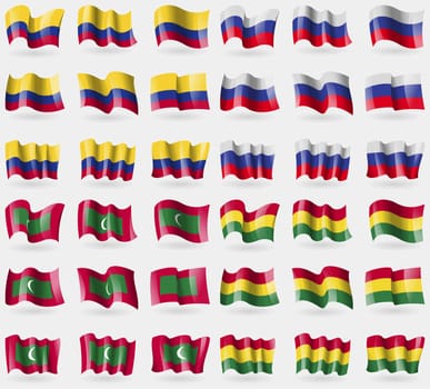 Colombia, Russia, Maldives, Bolivia. Set of 36 flags of the countries of the world. illustration