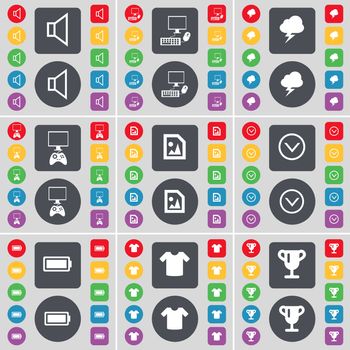 Sound, PC, Lightning, Game console, Media file, Arrow down, Battery, T-Shirt, Cup icon symbol. A large set of flat, colored buttons for your design. illustration