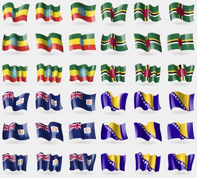 Ethiopia, Dominica, Anguilla, Bosnia and Herzegovina. Set of 36 flags of the countries of the world. illustration