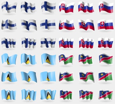 Finland, Saint Lucia, Namibia. Set of 36 flags of the countries of the world. illustration