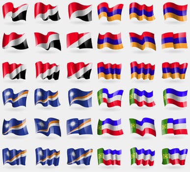 Sealand Principality, Armenia, Marshall Islands, Khakassia. Set of 36 flags of the countries of the world. illustration