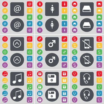 Mail, Silhouette, Hard drive, Arrow up, Mars symbol, Smartphone, Note, Floppy, Headphones icon symbol. A large set of flat, colored buttons for your design. illustration