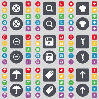 Videotape, Magnifying glass, Cooking hat, Minus, Floppy, Wrench, Umbrella, Tag, Arrow up icon symbol. A large set of flat, colored buttons for your design. illustration