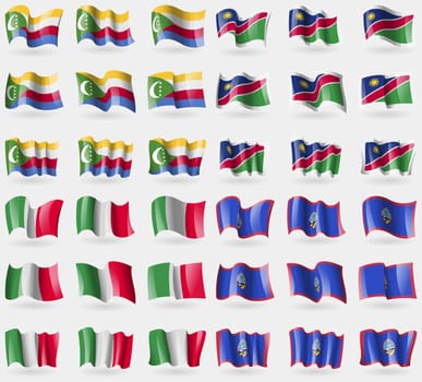 Comoros, Namibia, Italy, Guam. Set of 36 flags of the countries of the world. illustration