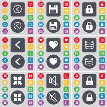 Arrow left, Floppy, Lock, Arrow left, Heart, Database, Deploying screen, Mute, Lock icon symbol. A large set of flat, colored buttons for your design. illustration