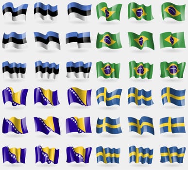 Estonia, Brazil, Bosnia and Herzegovina, Sweden. Set of 36 flags of the countries of the world. illustration