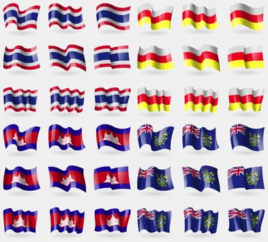 Thailand, North Ossetia, Cambodia, Pitcairn Islands. Set of 36 flags of the countries of the world. illustration