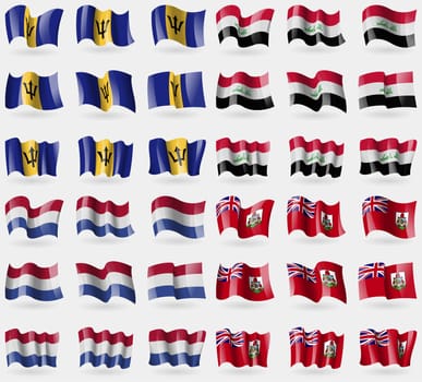 Barbados, Iraq, Netherlands, Bermuda. Set of 36 flags of the countries of the world. illustration