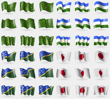 Adygea, Bashkortostan, Solomon Islands, Japan. Set of 36 flags of the countries of the world. illustration