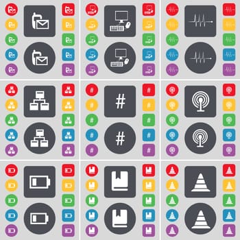 SMS, PC, Pulse, Network, Hashtag, Wi-Fi, Battery, Dictionary, Cone icon symbol. A large set of flat, colored buttons for your design. illustration